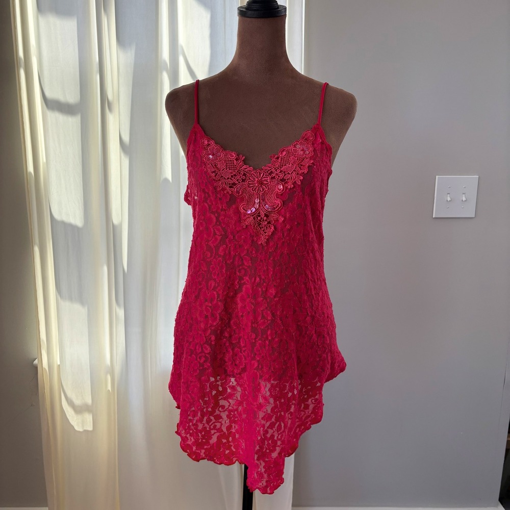 90s Vintage Inner Most Lace Slip Dress Medium Red Sequin Coquette Romantic Glam